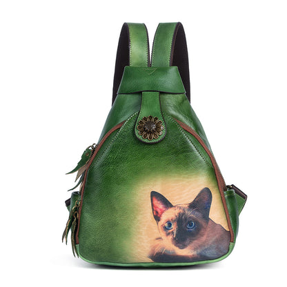 Vintage First Layer Cowhide Multi-Purpose Leather Backpack with Color Printing and Hand-Wiped Vegetable Tanning