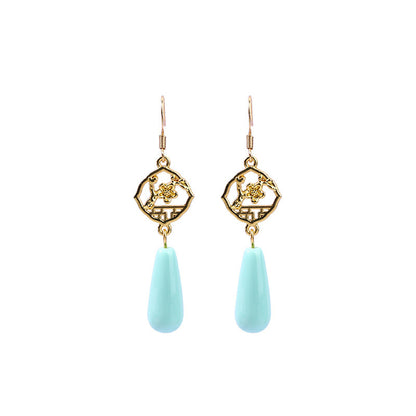Women's Long Tassel Plum Blossom Imitation Blue Turquoise Earrings, All-Match