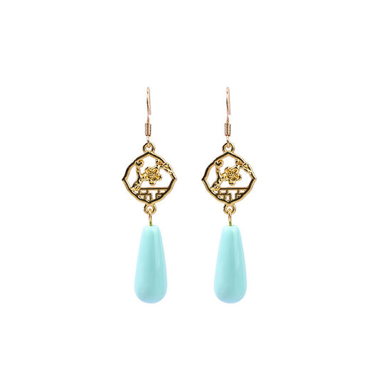 Women's Long Tassel Plum Blossom Imitation Blue Turquoise Earrings, All-Match