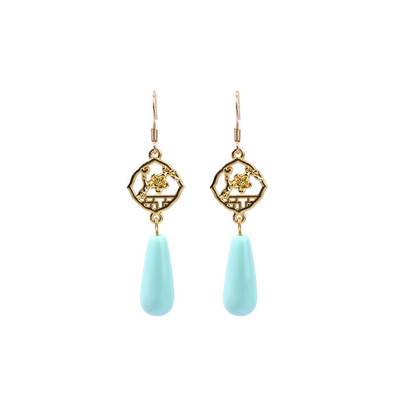 Women's Long Tassel Plum Blossom Imitation Blue Turquoise Earrings, All-Match