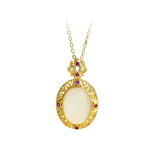 Gold-plated Natural Chalcedony Auspicious Clouds Ruyi Hollow Egg Surface Sachet Pendant Necklace for Women