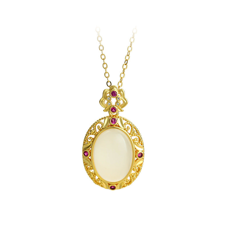 Gold-plated Natural Chalcedony Auspicious Clouds Ruyi Hollow Egg Surface Sachet Pendant Necklace for Women
