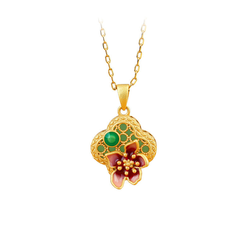 National Fashion Enamel Blossom Imitation Hetian Jade Necklace