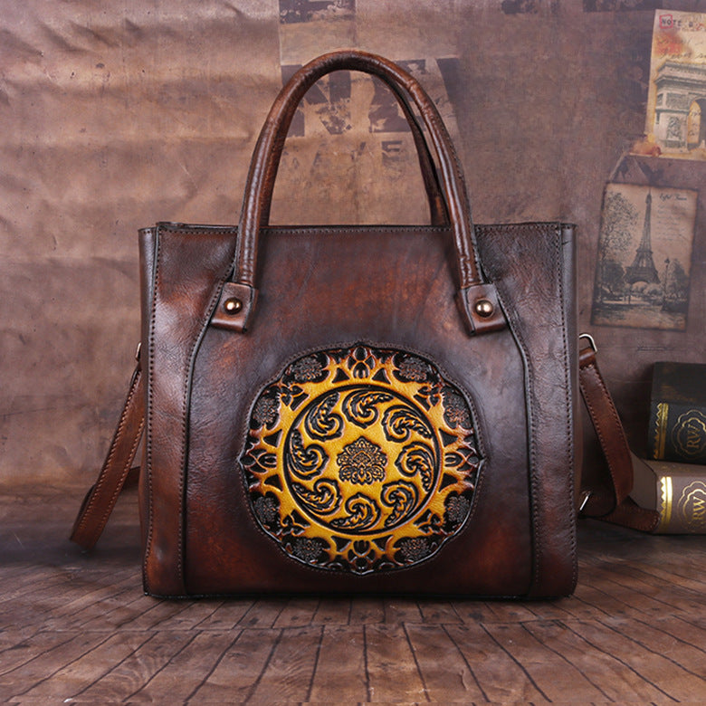 Top Layer Cowhide Women's Crossbody Bag, Vegetable Tanned Leather, Embossed & Hand-polished