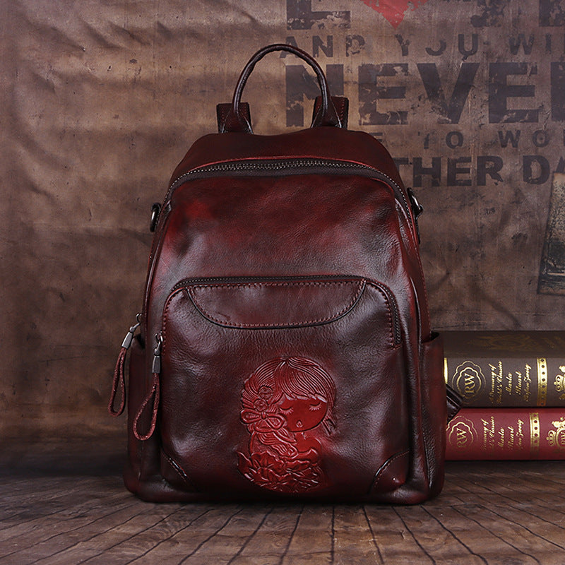 First Layer Cowhide Vegetable Tanned Leather Handmade Large-Capacity Backpack Shoulder Bag