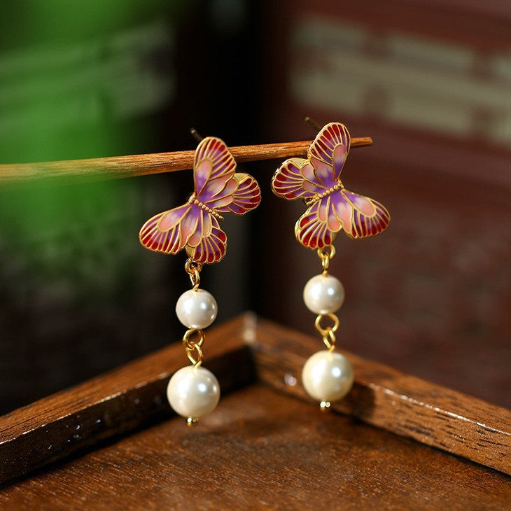 Enamel oil drop pink butterfly shape pearl earrings ring necklace suit for women