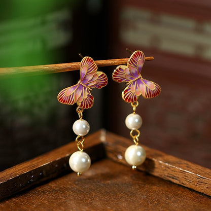 Enamel oil drop pink butterfly shape pearl earrings ring necklace suit for women