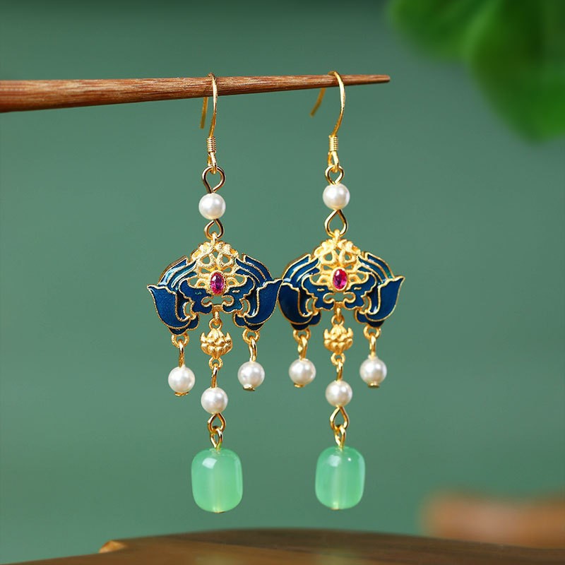 Antique Cloisonne Burned Blue Fushou Ruyi Imitation Hetian Jade Earrings