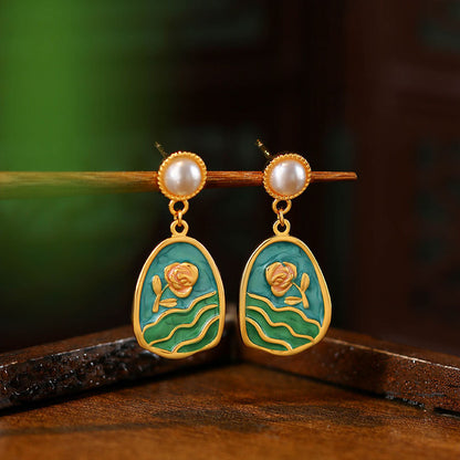 Vintage Enamel Oil Dropping Tulip Earrings, French Retro Art Style