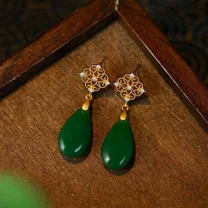 Antique Water Drop Imitation Jade Earrings, Ear Hook for Hanfu Cheongsam