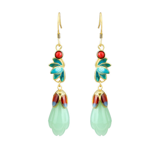 Enamel 925 Tremella Needle Magnolia Imitation Hetian Jade Earrings with Mirror Design