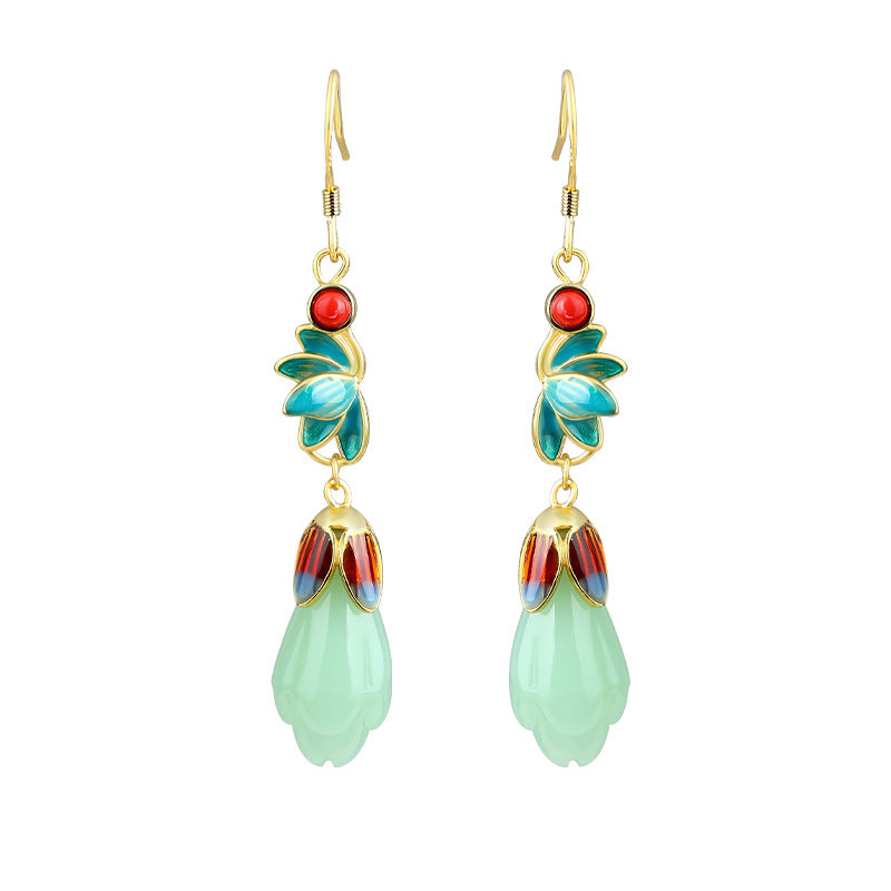 Enamel 925 Tremella Needle Magnolia Imitation Hetian Jade Earrings with Mirror Design