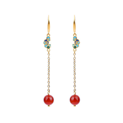 Antique Enamel Xiangyun Painted Gold Plated Natural Chalcedony Long Earrings