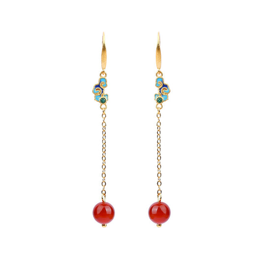 Antique Enamel Xiangyun Painted Gold Plated Natural Chalcedony Long Earrings
