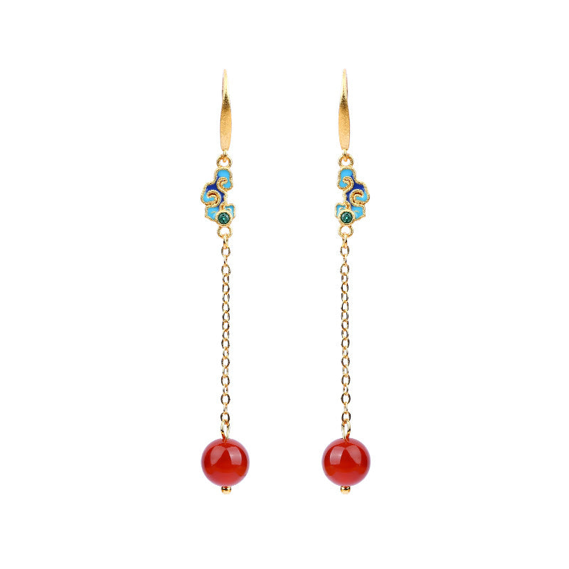 Antique Enamel Xiangyun Painted Gold Plated Natural Chalcedony Long Earrings