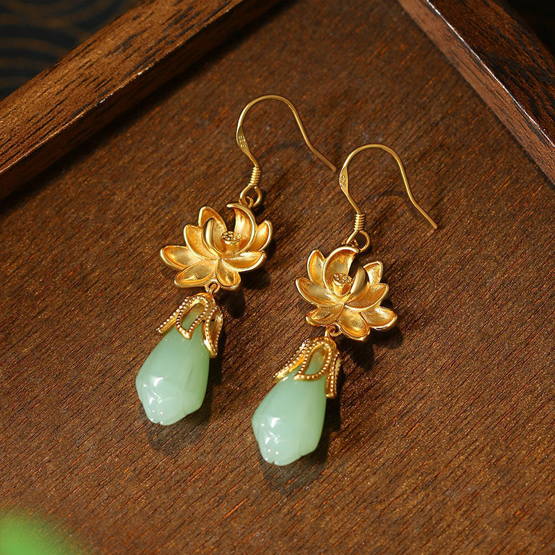Gold-plated Imitation Hetian Jade Orchid Earrings for Cheongsam Hanfu