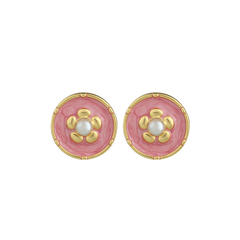 Vintage Silver Needle Camellia Imitation Pearl Ear Studs for Women