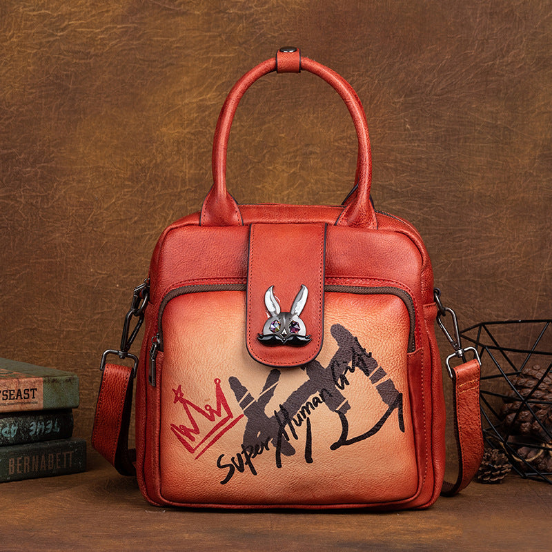 Top layer cowhide multi-purpose vegetable tanned leather women's bag, retro brushed style