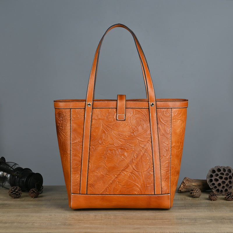 Vintage Cowhide Tote Bag, Large Capacity, Vegetable Tanned Leather, Embossed, Hand-polished