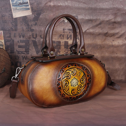 Vintage Genuine Leather Women's Crossbody Bag with Embossed Tree Design and Hand - Brushed Finish
