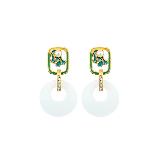 New Enamel Ping An Buckle 925 Silver Gold-plated Imitation Hetian Jade Earrings, Cheongsam Accessories