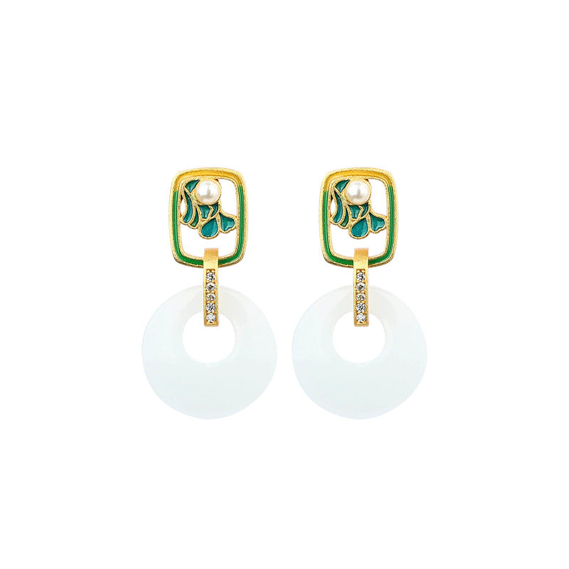 New Enamel Ping An Buckle 925 Silver Gold-plated Imitation Hetian Jade Earrings, Cheongsam Accessories