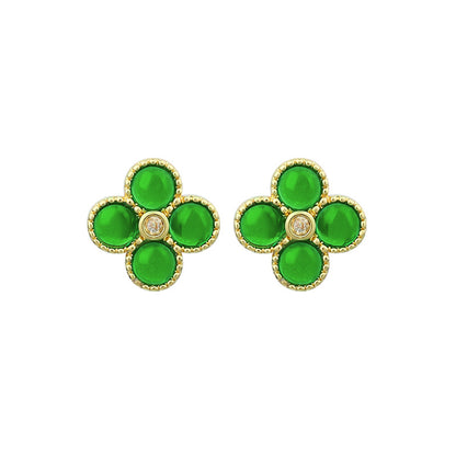 925 Silver Needle Plated Imitation Gold Emerald Four-leaf Clover Round Bead Earrings for Women