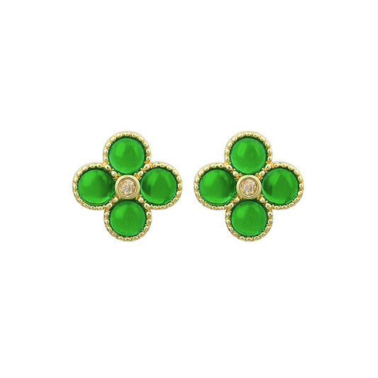925 Silver Needle Plated Imitation Gold Emerald Four-leaf Clover Round Bead Earrings for Women