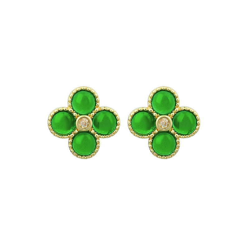 925 Silver Needle Plated Imitation Gold Emerald Four-leaf Clover Round Bead Earrings for Women