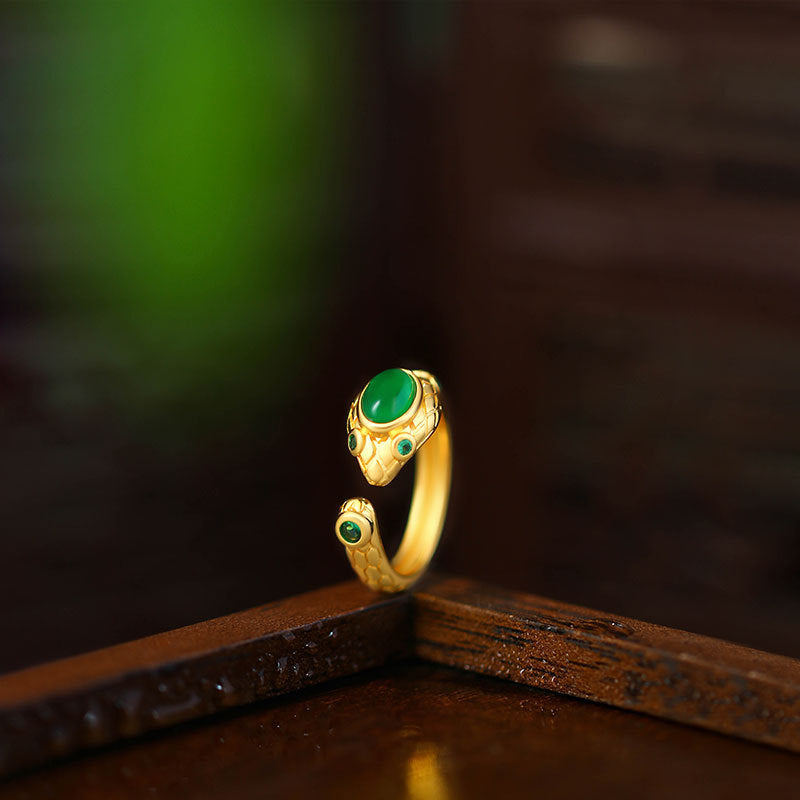 Gold-plated Snake Open Ring with Imitation Emerald for Women