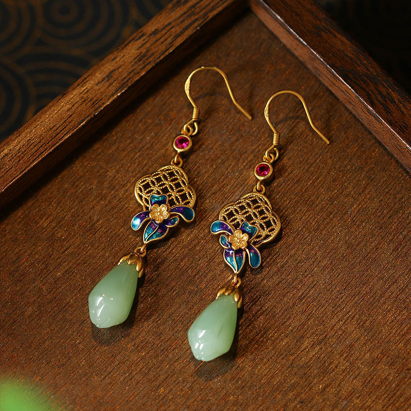 National tide style ancient enamel gold-plated imitation Hetian jade orchid earrings