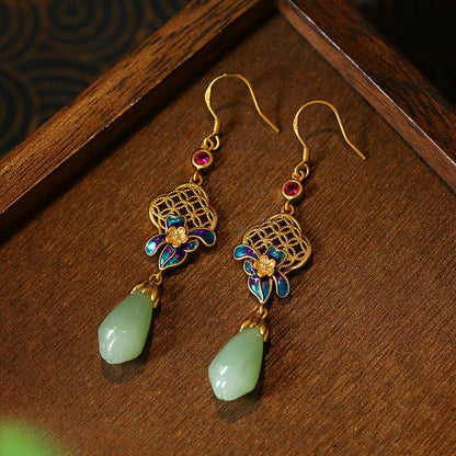 National tide style ancient enamel gold-plated imitation Hetian jade orchid earrings