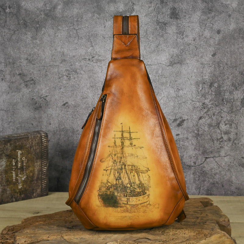 Retro Hand-polished Leather Chest Bag, Shoulder Bag, Three-use Cowhide, Embossed Design
