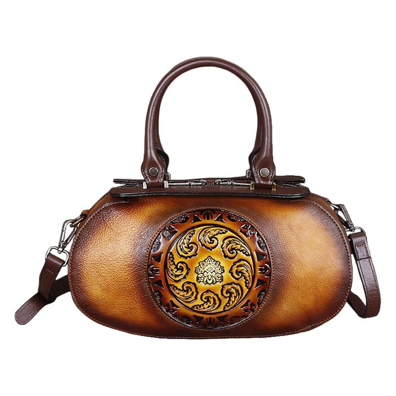 Vintage Genuine Leather Women's Crossbody Bag with Embossed Tree Design and Hand - Brushed Finish