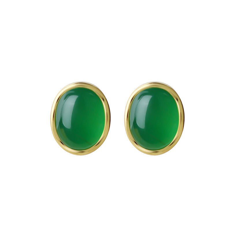 925 Silver Gold-Plated Oval Earrings Inlaid with Natural Green Chalcedony, Simple Fashion