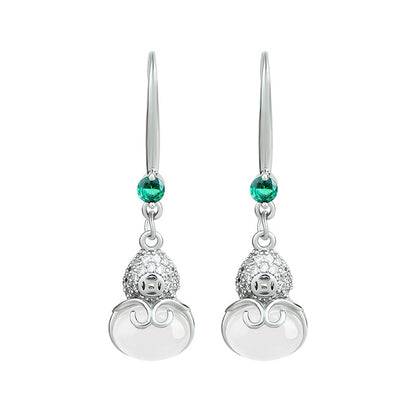 Natural Ice White Chalcedony Ear Hook Women's Earrings, Hollow Gourd Design