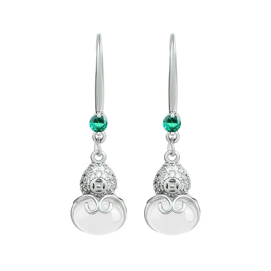 Natural Ice White Chalcedony Ear Hook Women's Earrings, Hollow Gourd Design