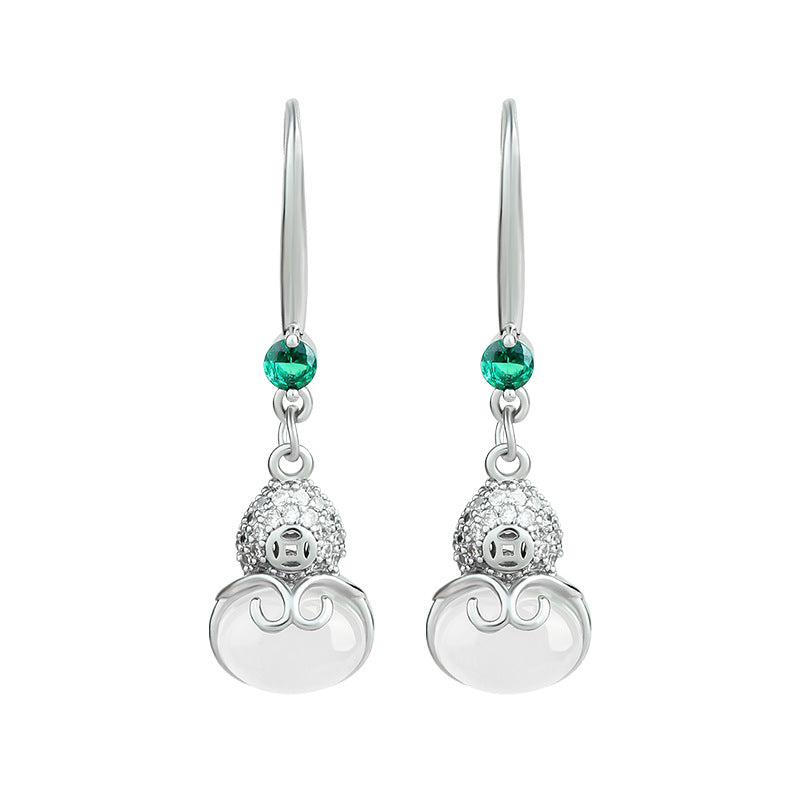 Natural Ice White Chalcedony Ear Hook Women's Earrings, Hollow Gourd Design