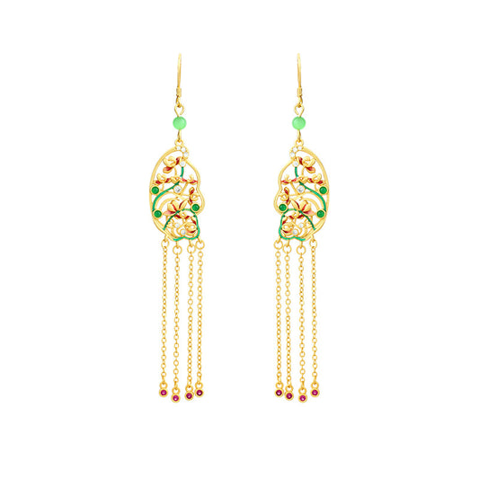Original Design Enamel Colorful Flowers Brocade Trousers Tassel Earrings for Women