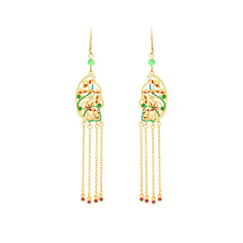 Original Design Enamel Colorful Flowers Brocade Trousers Tassel Earrings for Women