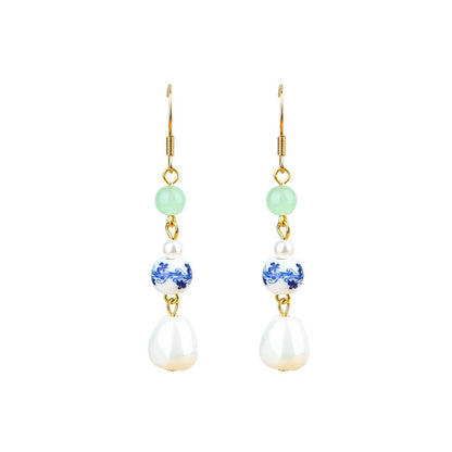 Baroque Alien Imitation Pearl Silver Enamel Gradient Earrings, Niche Design, High-grade Blue and White Porcelain for Women