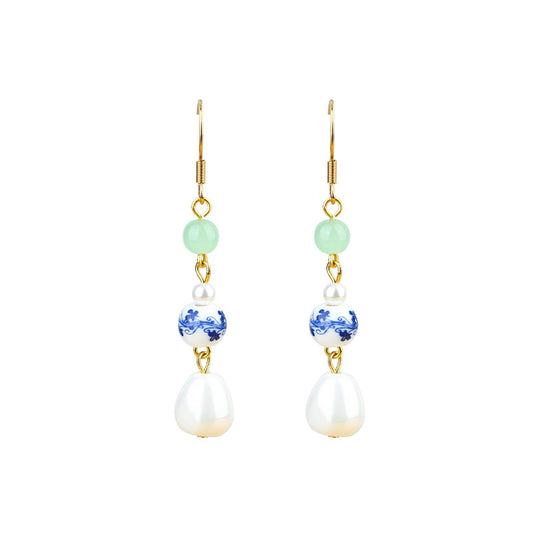 Baroque Alien Imitation Pearl Silver Enamel Gradient Earrings, Niche Design, High-grade Blue and White Porcelain for Women