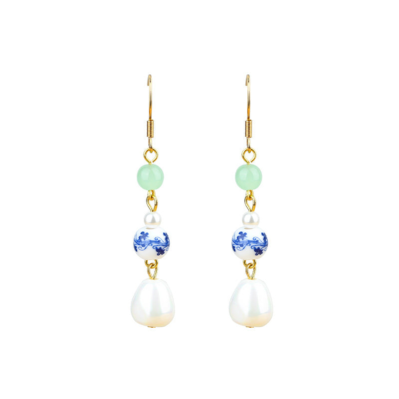 Baroque Alien Imitation Pearl Silver Enamel Gradient Earrings, Niche Design, High-grade Blue and White Porcelain for Women