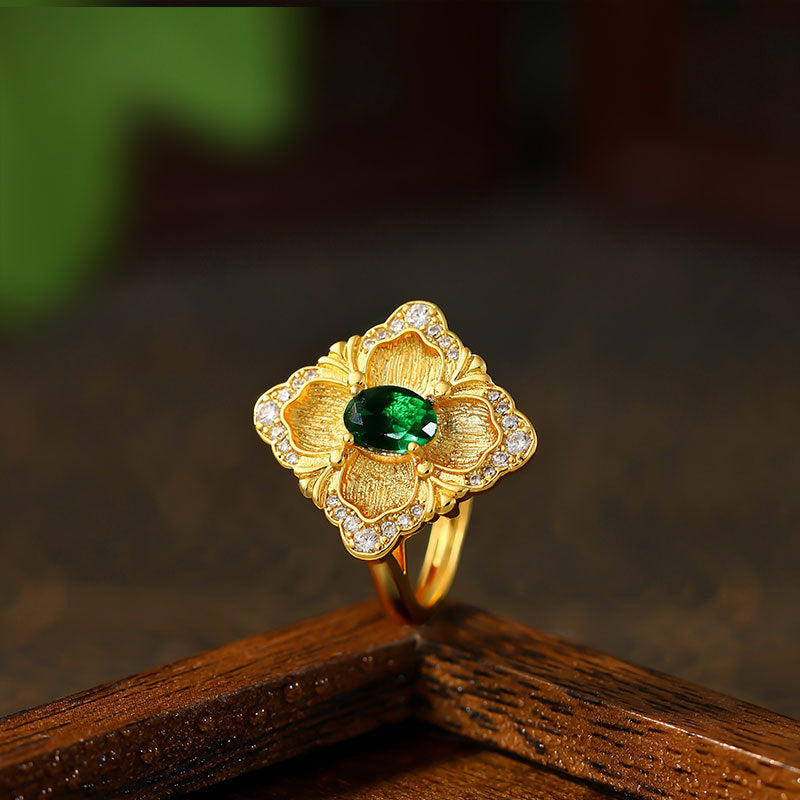 Real Gold Plated Italian Jewelry Ring with Vintage Imitation Panjshir Emerald Color