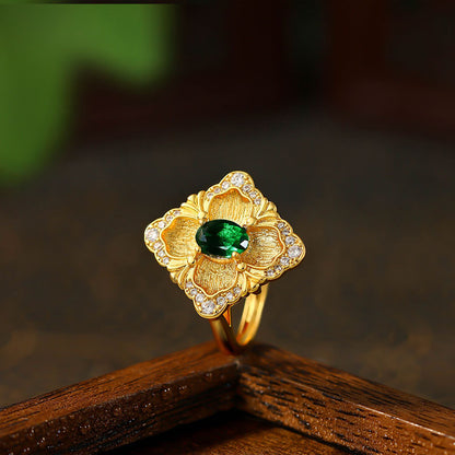 Real Gold Plated Italian Jewelry Ring with Vintage Imitation Panjshir Emerald Color
