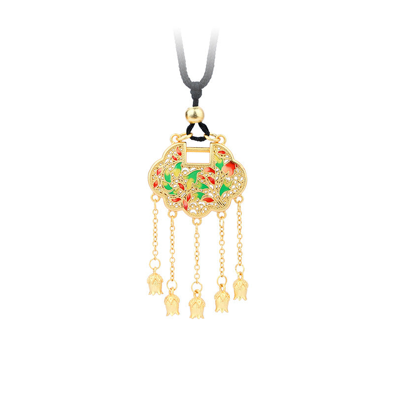 5D Hard Gold Lotus & Ping An Lock Tassel Pendant Necklace for Women