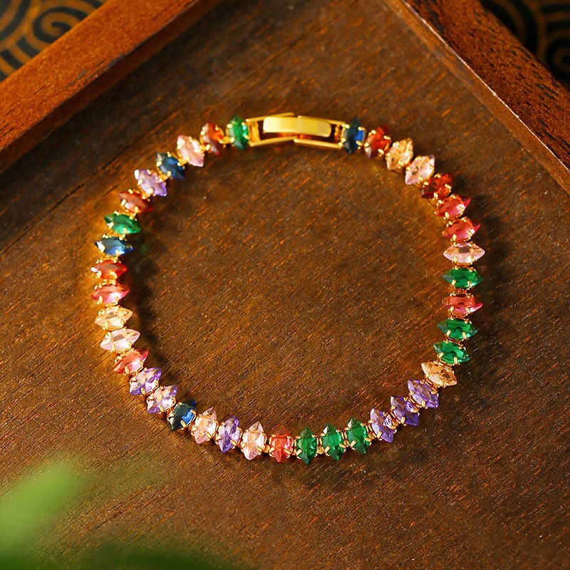 European American Tennis Bracelet Necklace, Real Gold Plated, Color Zircon Chain, Women's Summer Jewelry