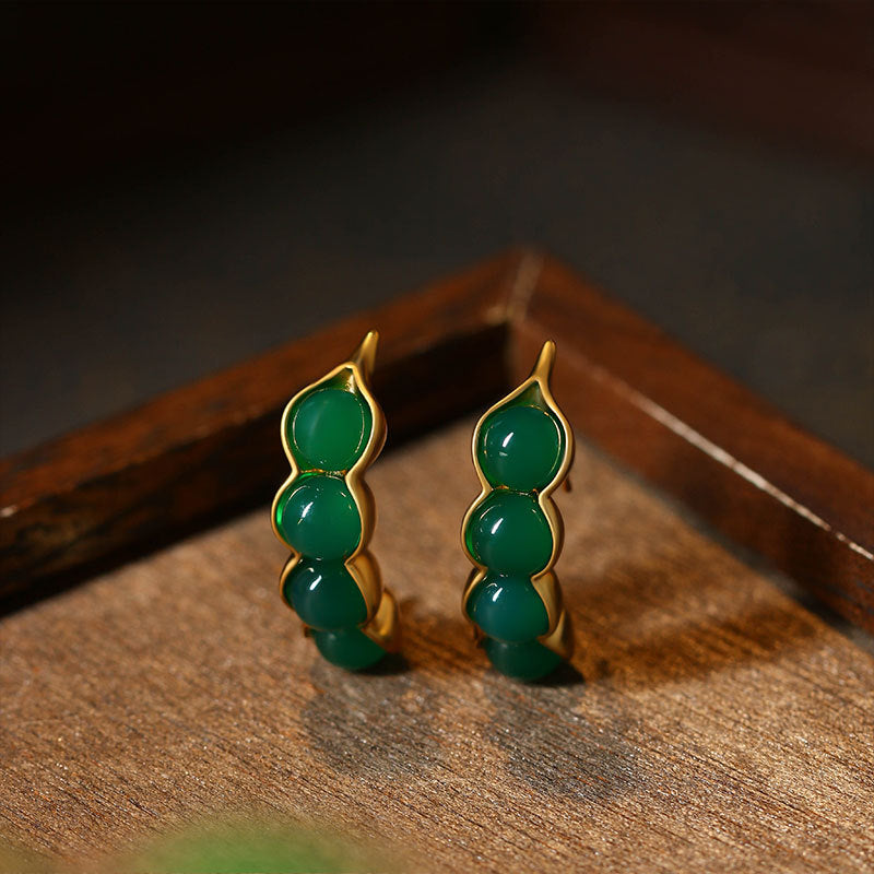 925 Silver Needle Gold Plated Natural Green Chalcedony Earrings