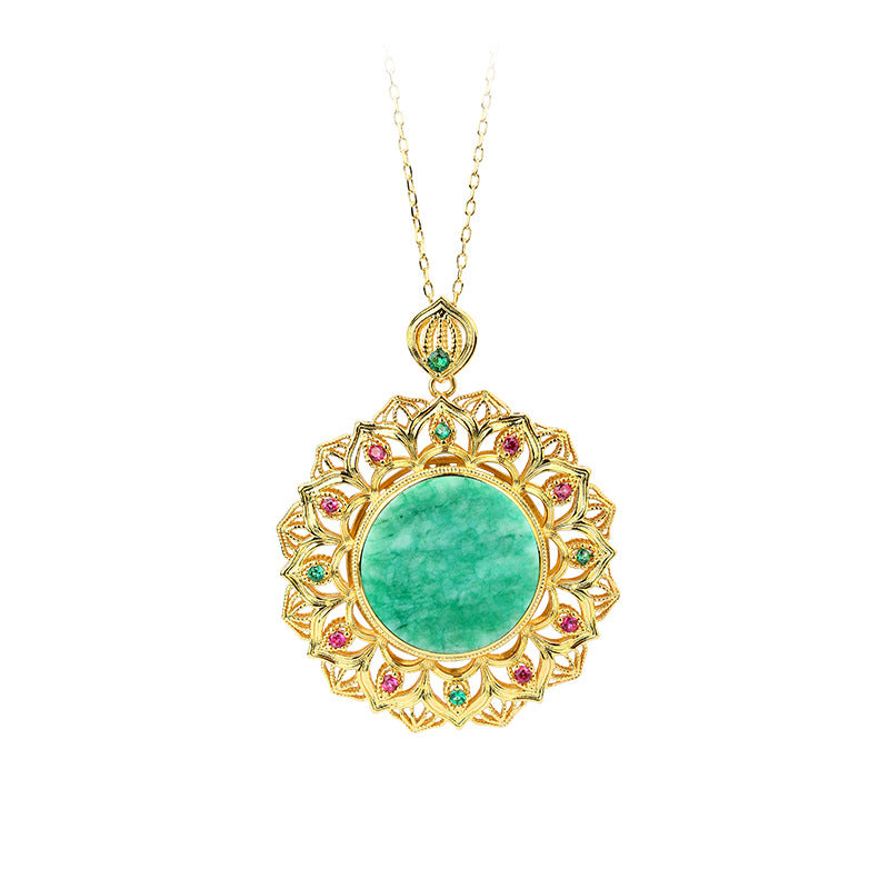 Gold Plated A Dry Green Imitation Jade Diamond Sunflower Round Brand Necklace