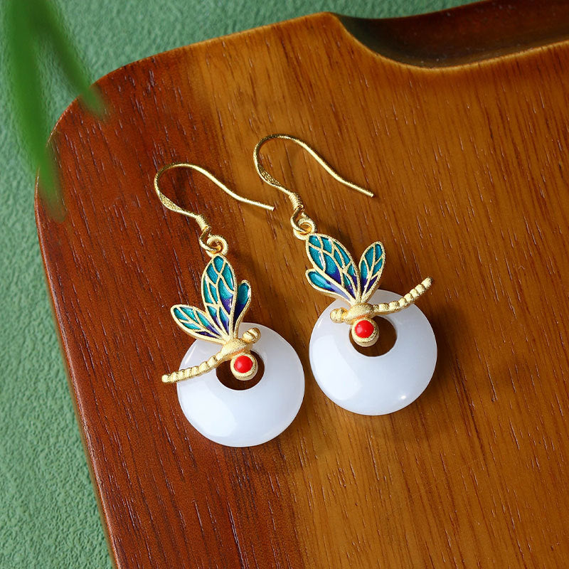 True Gold Color Gold-plated Imitation Hetian Jade Safety Buckle Enamel Dragonfly Round Earrings
